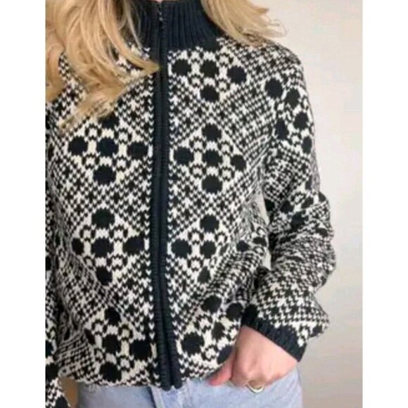 Talbots Cardigan Women Medium Black White Fair Isle Zip Up 100% Cotton Sweater - Picture 1 of 7
